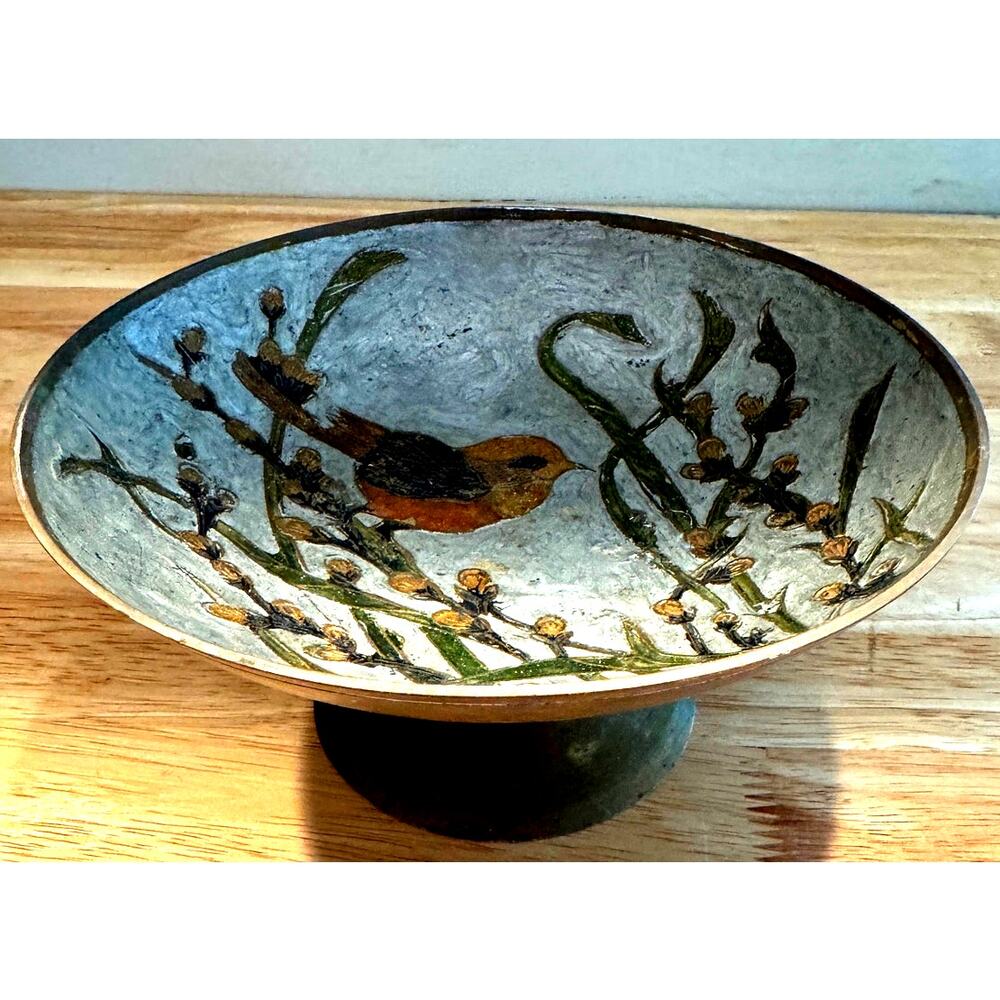 Vintage Enamel Brass Pedestal Bowl Bird Design Indian Design